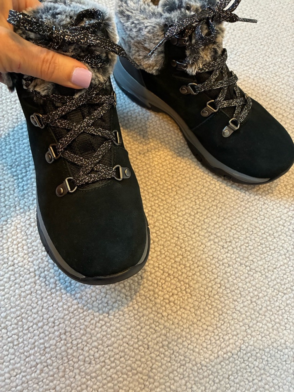 Waterproof Skechers Ankle Boots, Faux Fur, Blingy Shoe Laces, Black, Size 5.5